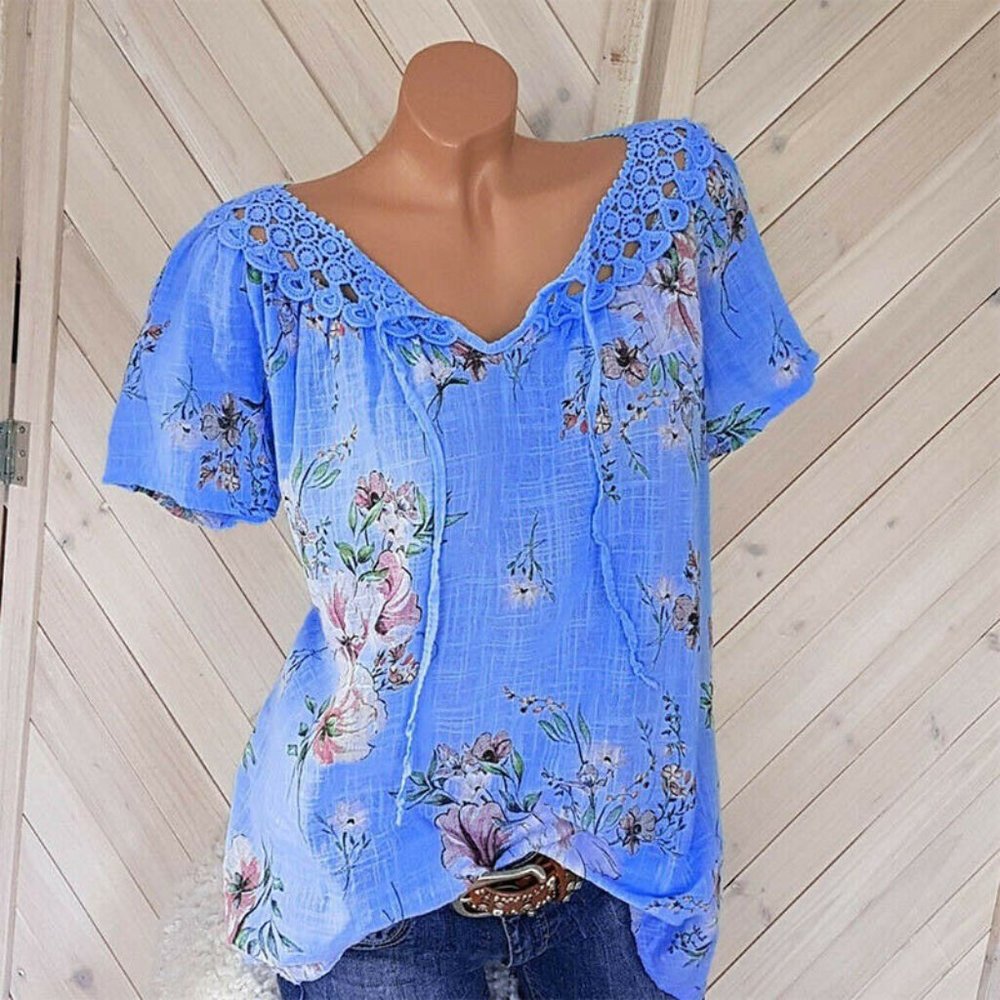 T Shirt V Neck Floral Tops Loose Blouse
